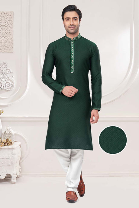 Green Jacquard Mirror and Pintex Work Men's Kurta Pajama