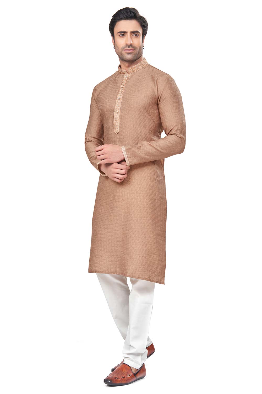 Beige Jacquard Mirror and Pintex Work Men's Kurta Pajama