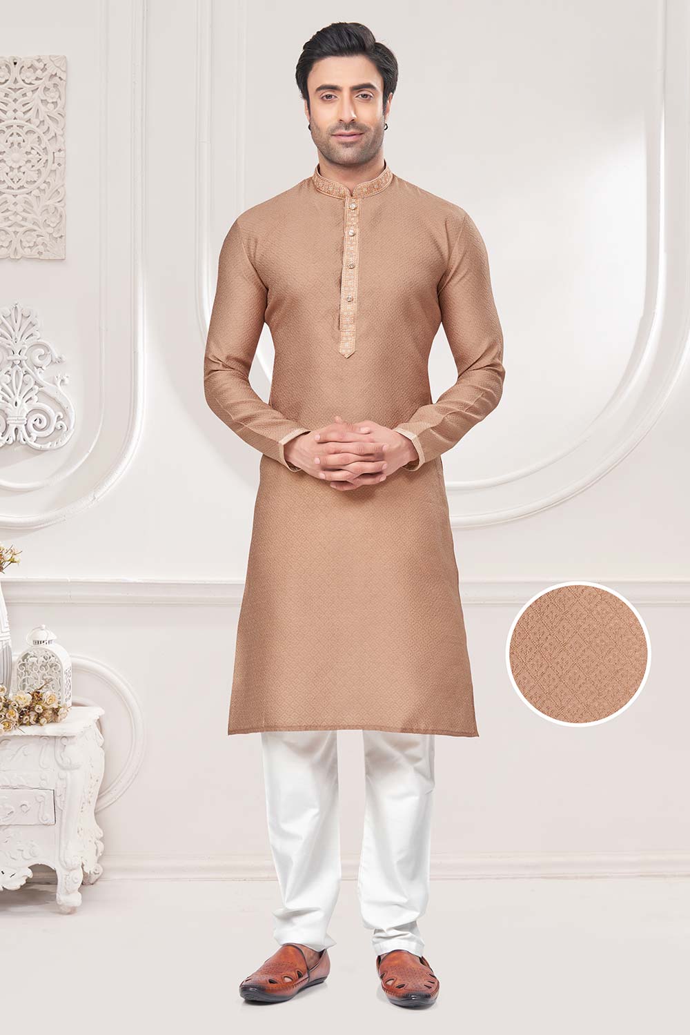 Beige Jacquard Mirror and Pintex Work Men's Kurta Pajama