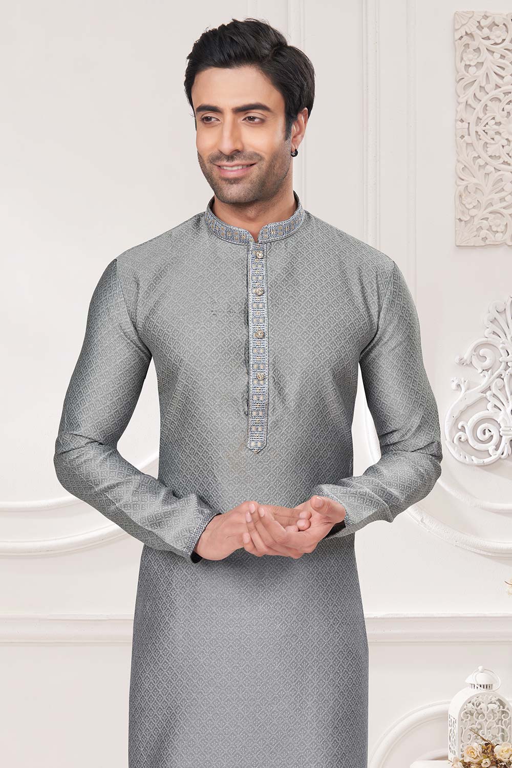 Grey Jacquard Mirror and Pintex Work Men's Kurta Pajama