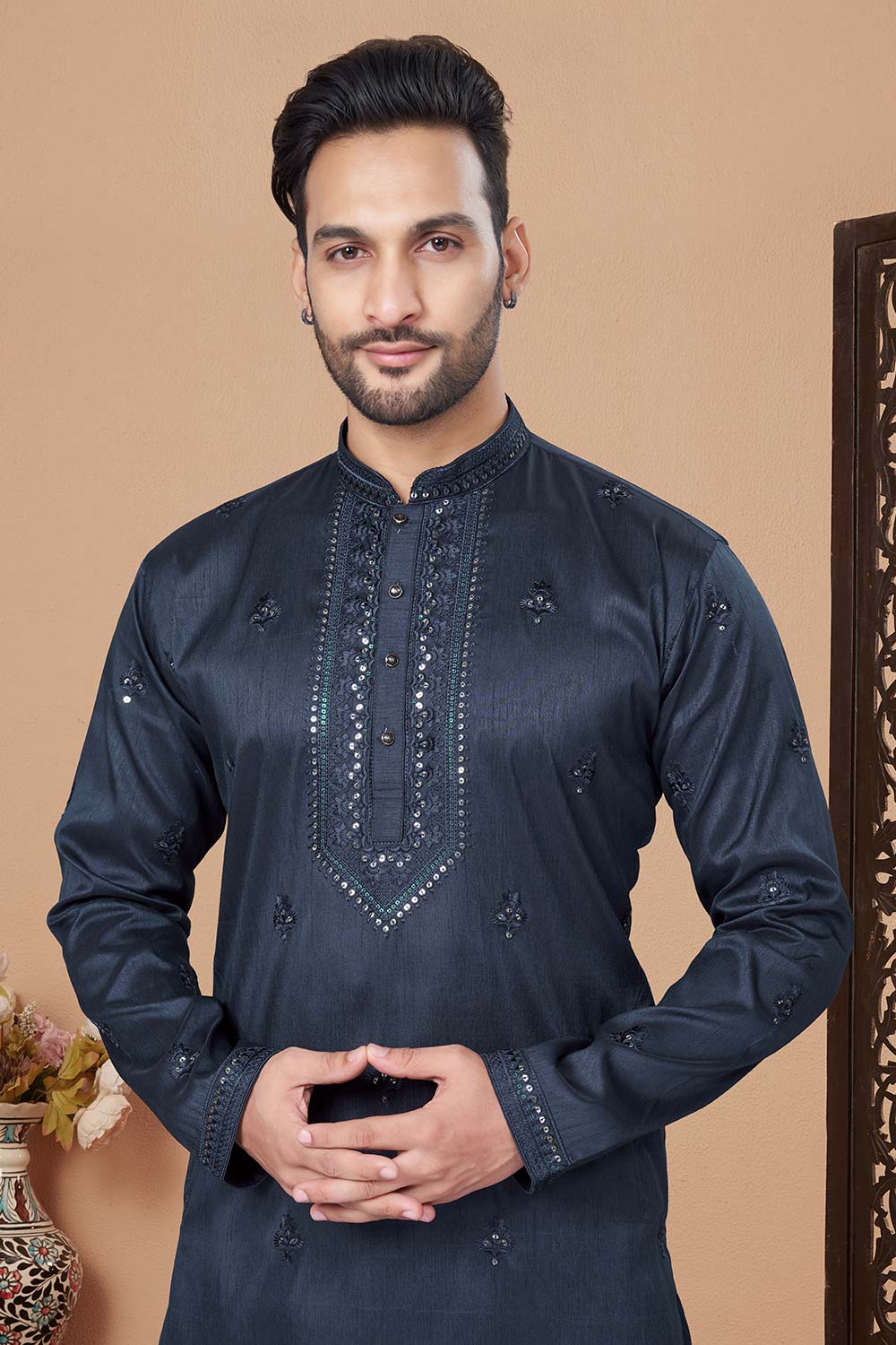 Navy Blue Pure Silk Embroidery Sequence work Men's Kurta Pajama