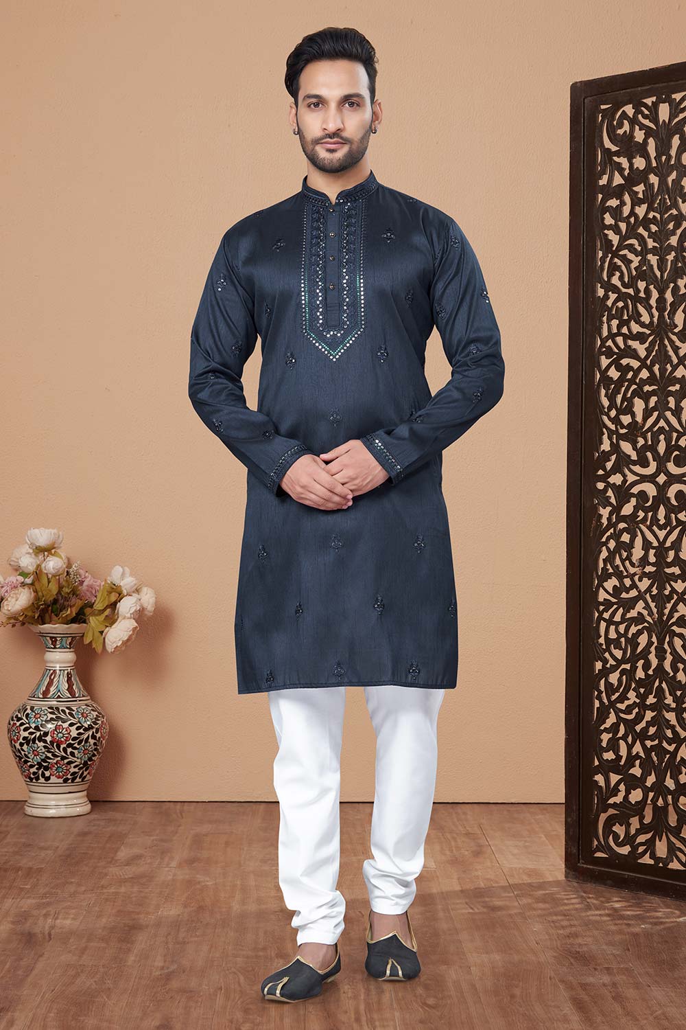 Navy Blue Pure Silk Embroidery Sequence work Men's Kurta Pajama