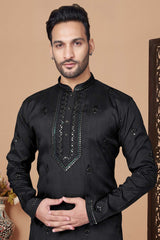 Black Pure Silk Embroidery Sequence work Men's Kurta Pajama