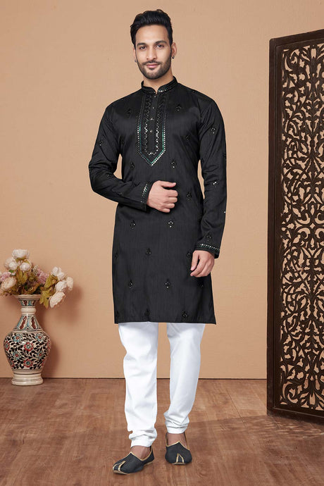 Black Pure Silk Embroidery Sequence work Men's Kurta Pajama