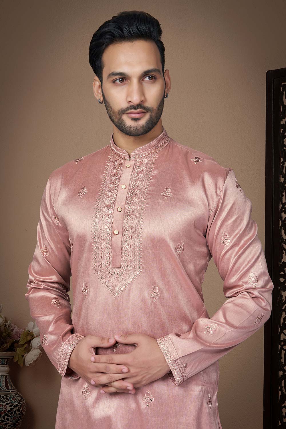 Peach Pure Silk Embroidery Sequence work Men's Kurta Pajama