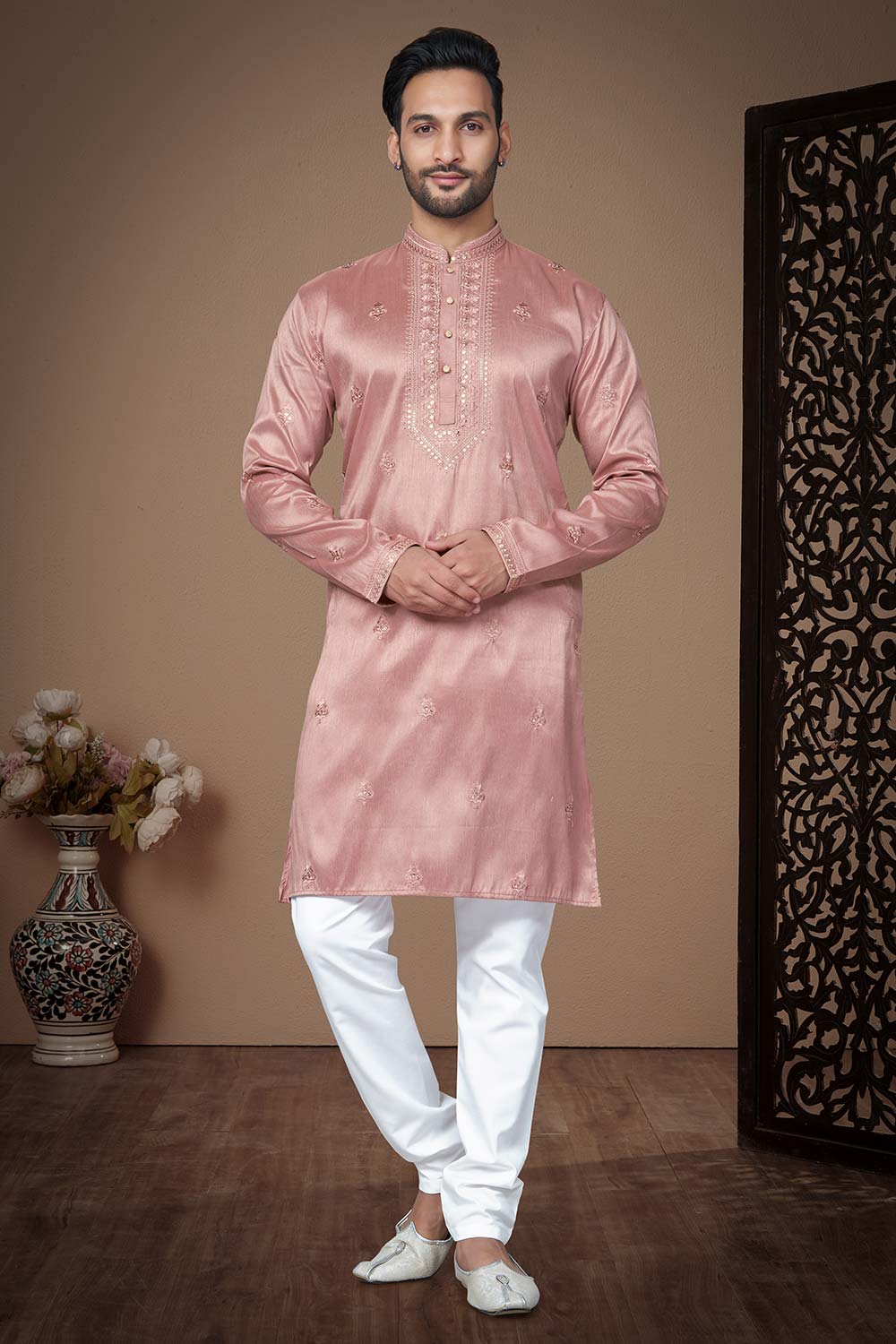 Peach Pure Silk Embroidery Sequence work Men's Kurta Pajama