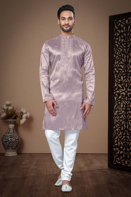 Lavendr Pure Silk Embroidery Sequence work Men's Kurta Pajama