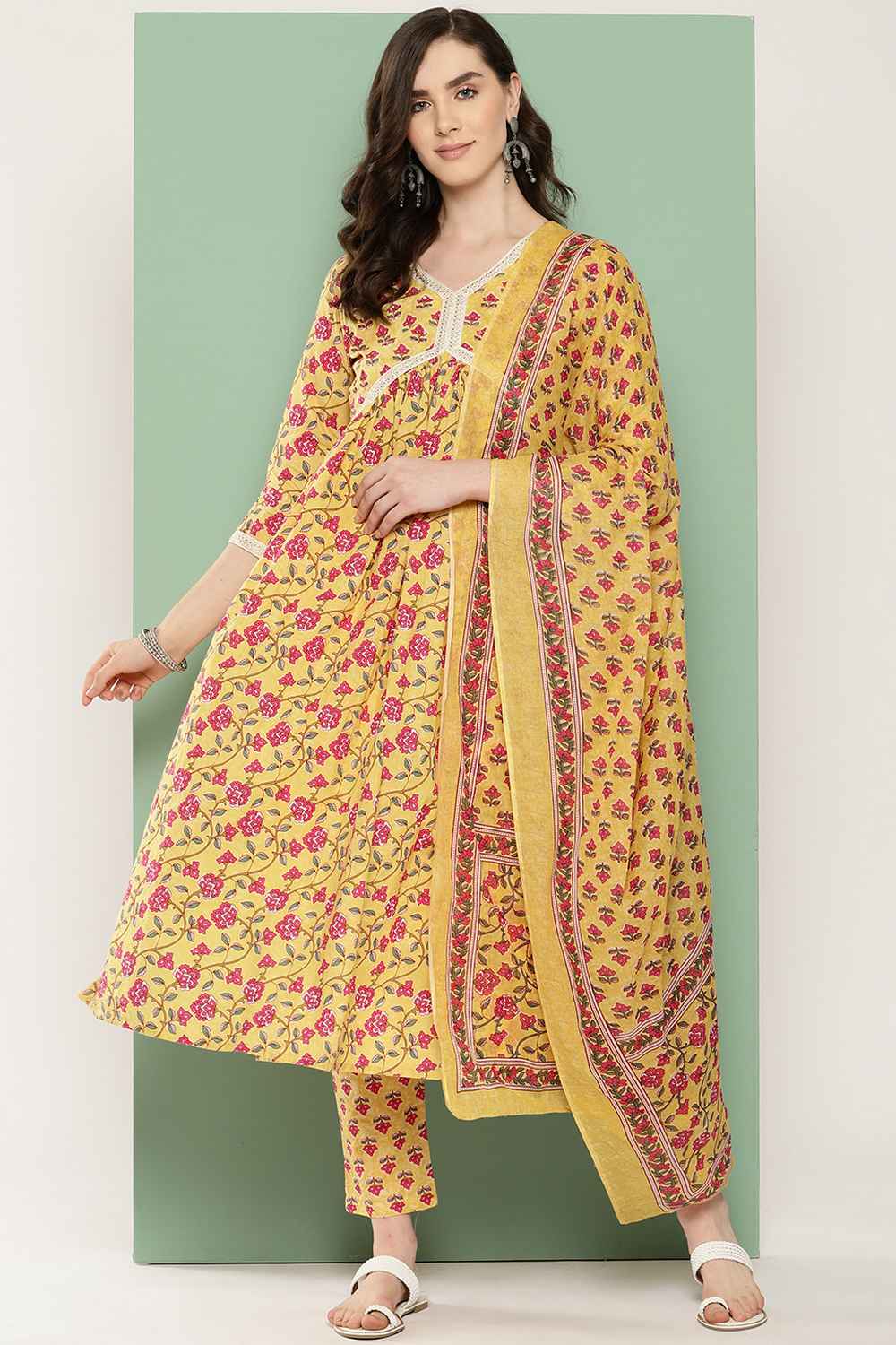 Yellow Floral Print Thread Work Pure Cotton Kurta Set