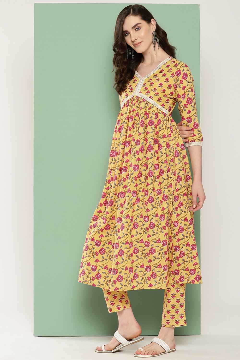 Yellow Floral Print Thread Work Pure Cotton Kurta Set