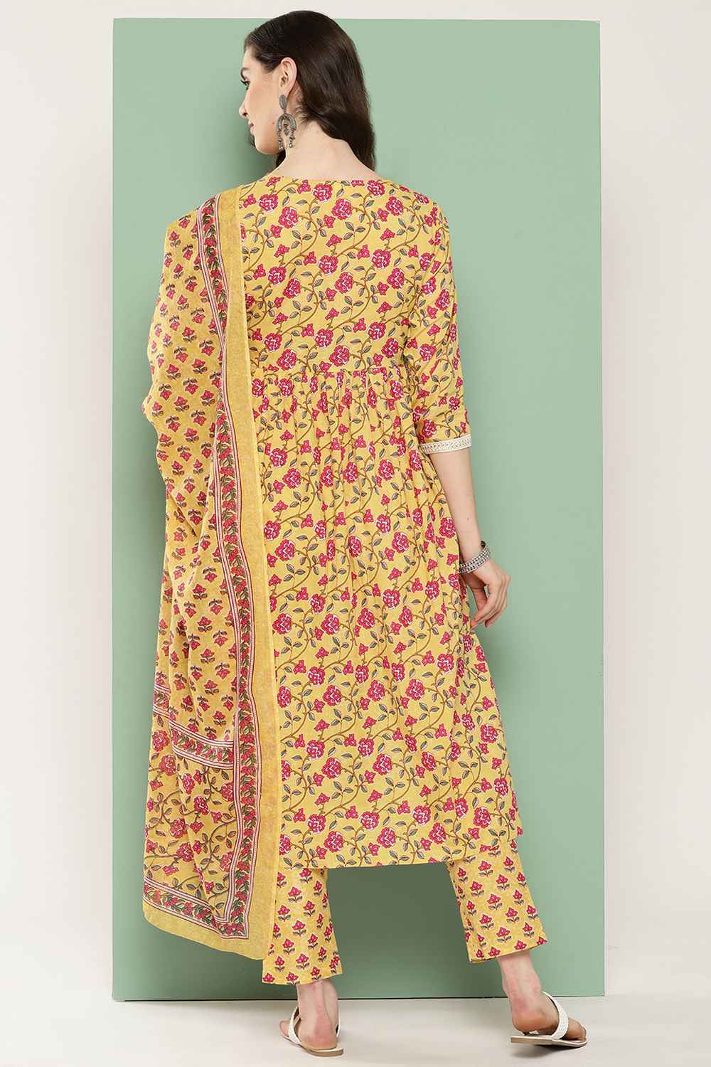 Yellow Floral Print Thread Work Pure Cotton Kurta Set