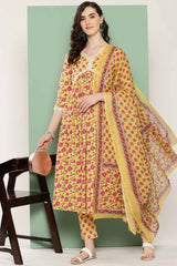 Yellow Floral Print Thread Work Pure Cotton Kurta Set