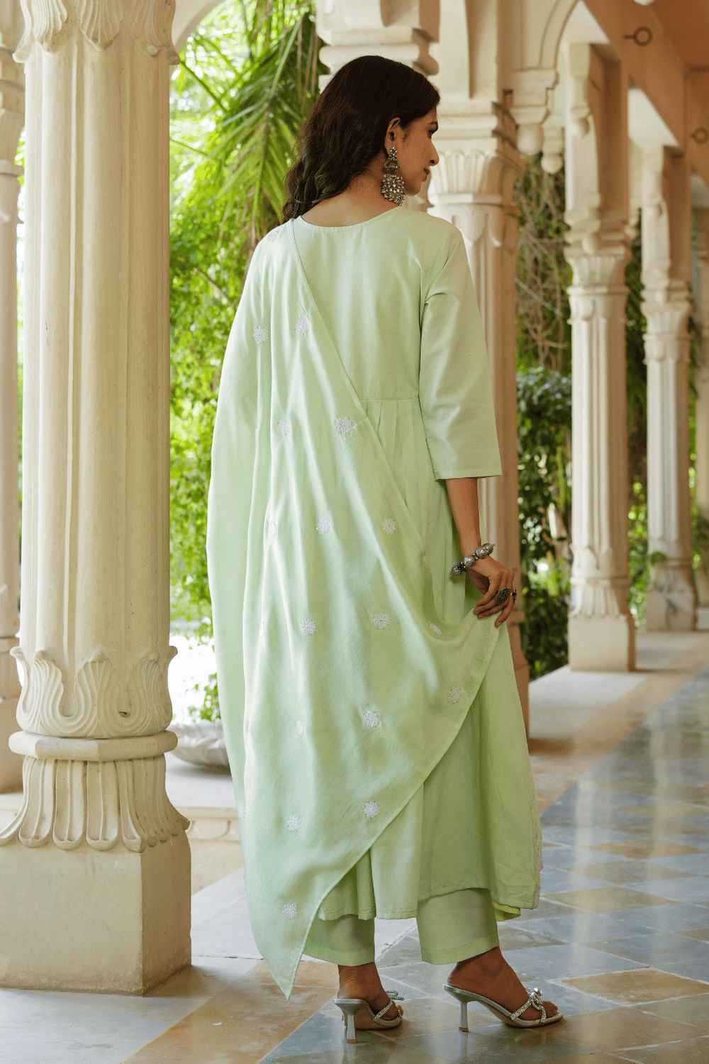 Green Solid Embroidered Silk Kurti Set