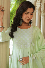 Green Solid Embroidered Silk Kurti Set