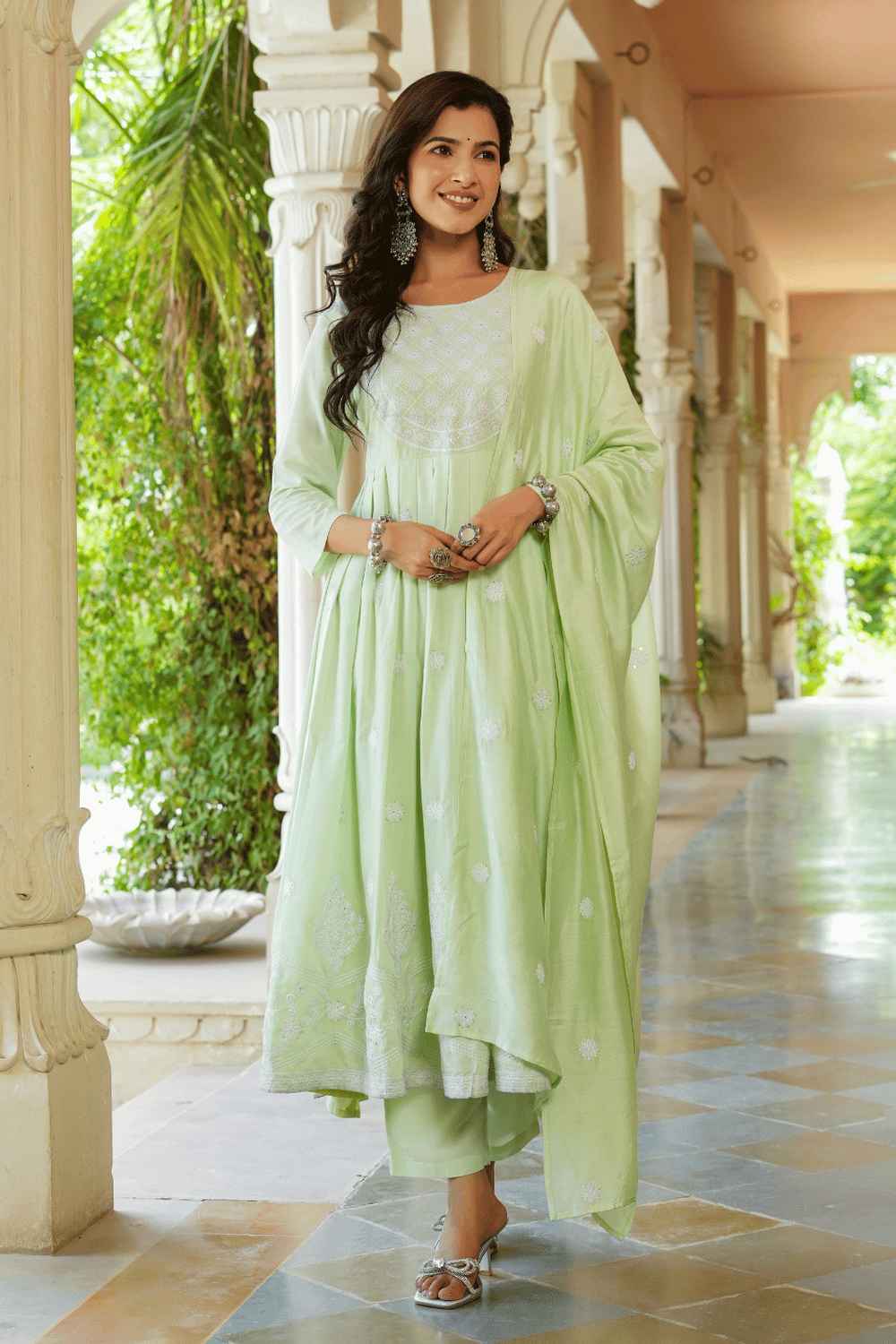 Green Solid Embroidered Silk Kurti Set