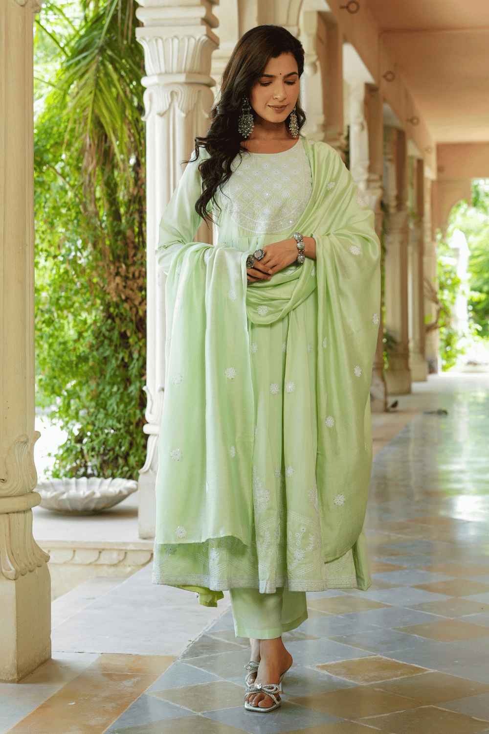 Green Solid Embroidered Silk Kurti Set