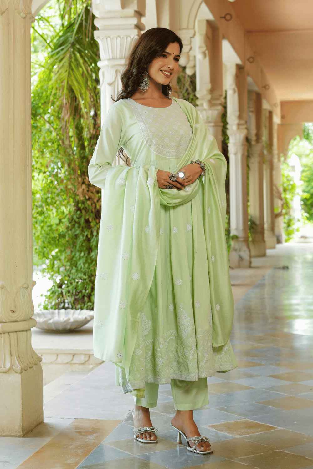 Green Solid Embroidered Silk Kurti Set