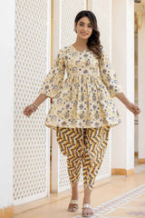 Yellow Floral Print Gotta patti Pure Cotton Kurti Set