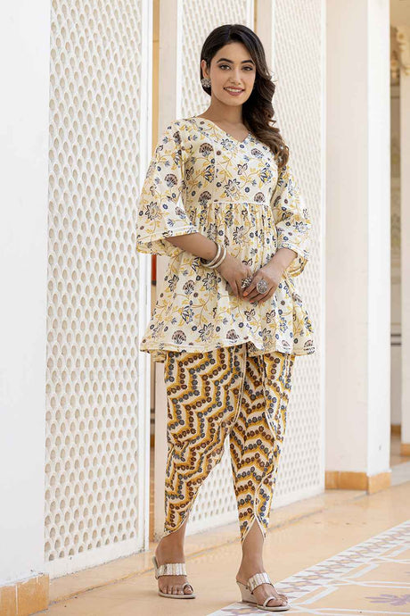 Yellow Floral Print Gotta patti Pure Cotton Kurta Set