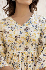 Yellow Floral Print Gotta patti Pure Cotton Kurti Set