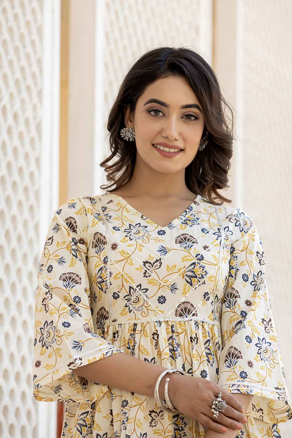 Yellow Floral Print Gotta patti Pure Cotton Kurti Set