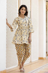 Yellow Floral Print Gotta patti Pure Cotton Kurti Set