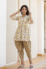 Yellow Floral Print Gotta patti Pure Cotton Kurti Set