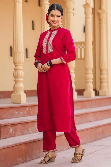 Pink Solid Zari Work Velvet Kurta Set