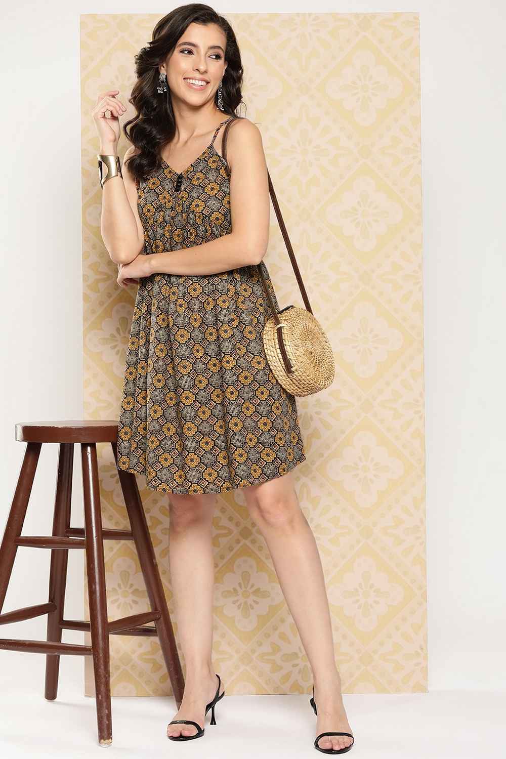 Brown Geometric Print Pure Cotton Dress