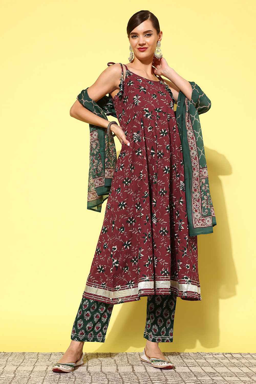 Red Floral Print Pure Cotton Kurti Set