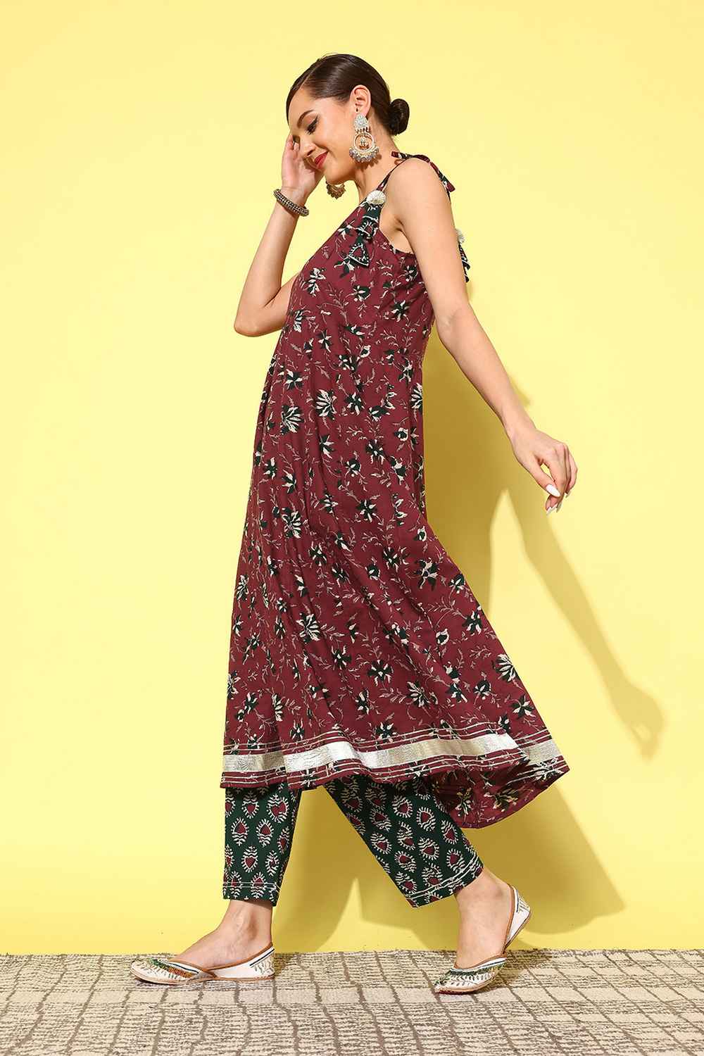 Red Floral Print Pure Cotton Kurta Set