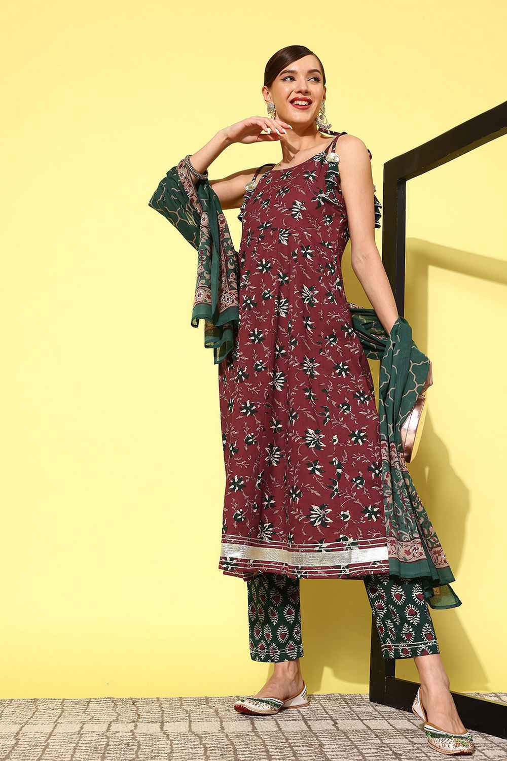 Red Floral Print Pure Cotton Kurta Set