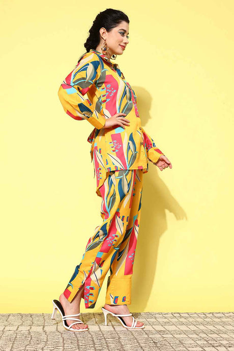 Yellow Abstract Print Satin Co-Ord Set