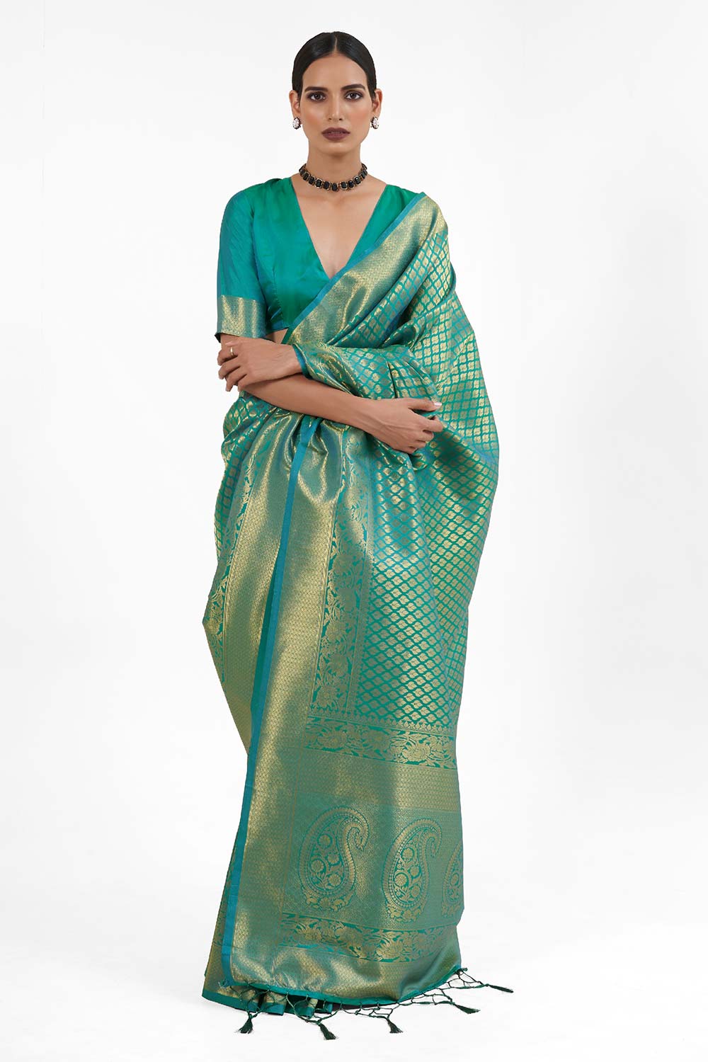 Kandini Silk Teal Woven Handloom Saree