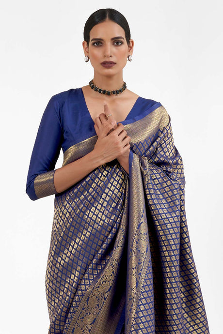 Kandini Silk Navy Blue Woven Handloom Saree