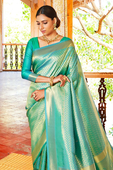 Kandini Silk Sea Green Woven Handloom Saree