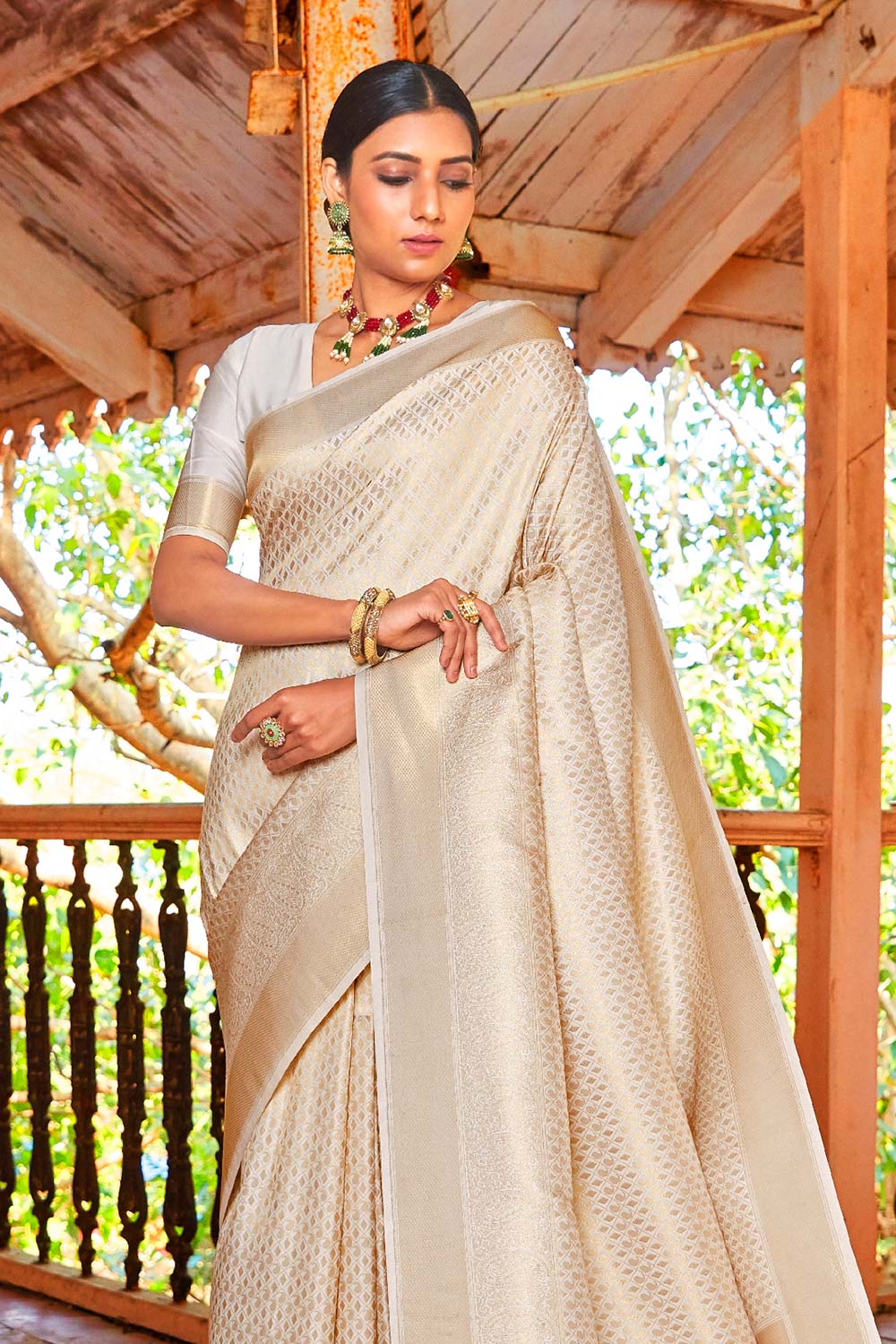 Kandini Silk Beige Woven Handloom Saree