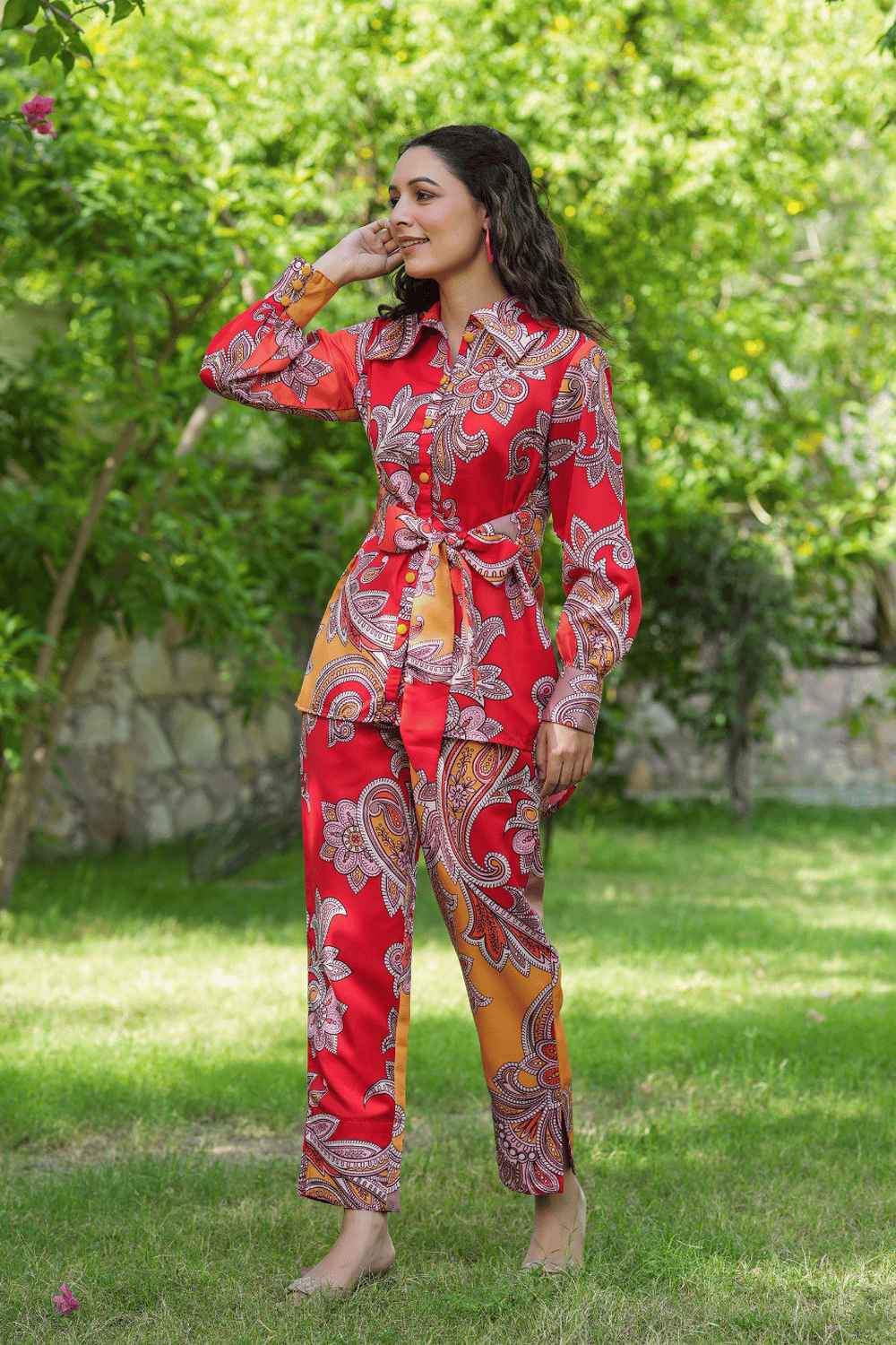 Red Satin Printed Co-Ord Sets