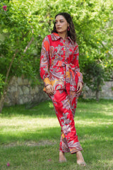 Red Satin Printed Co-Ord Sets