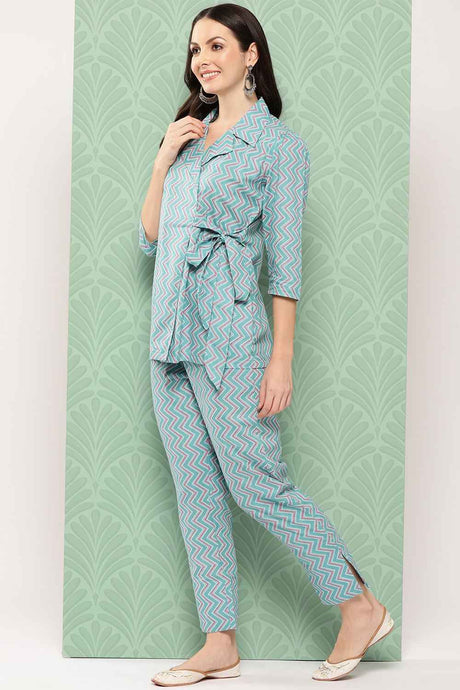 Turquoise Chevron Print Cotton Co-Ord Set