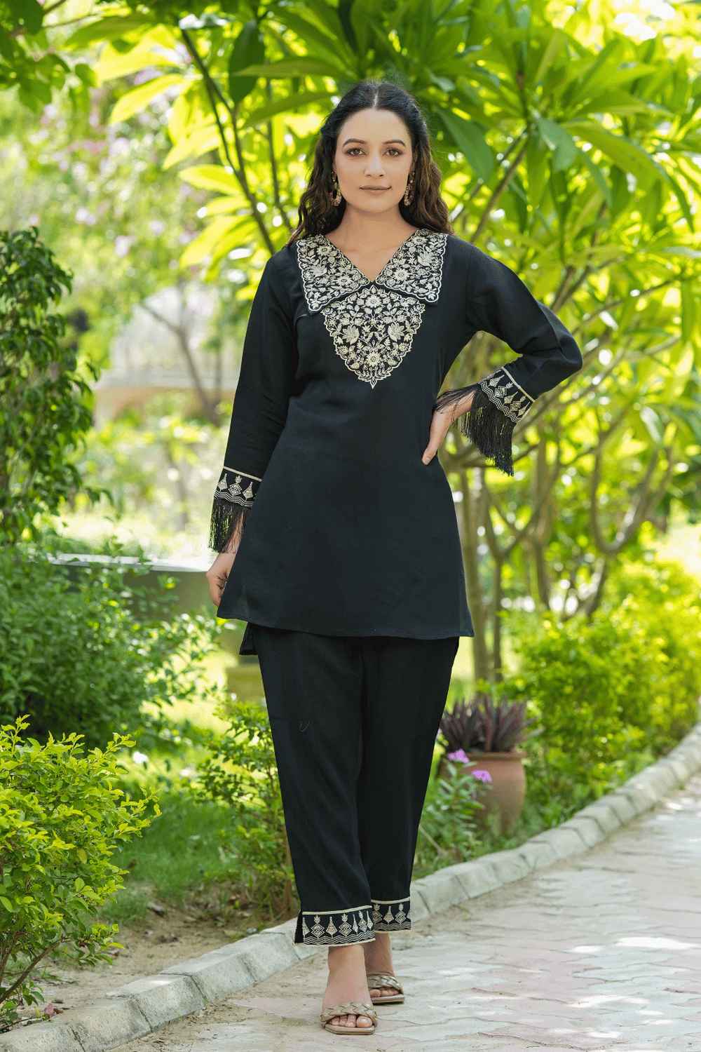 Black Embroidered Silk Co-Ord Sets