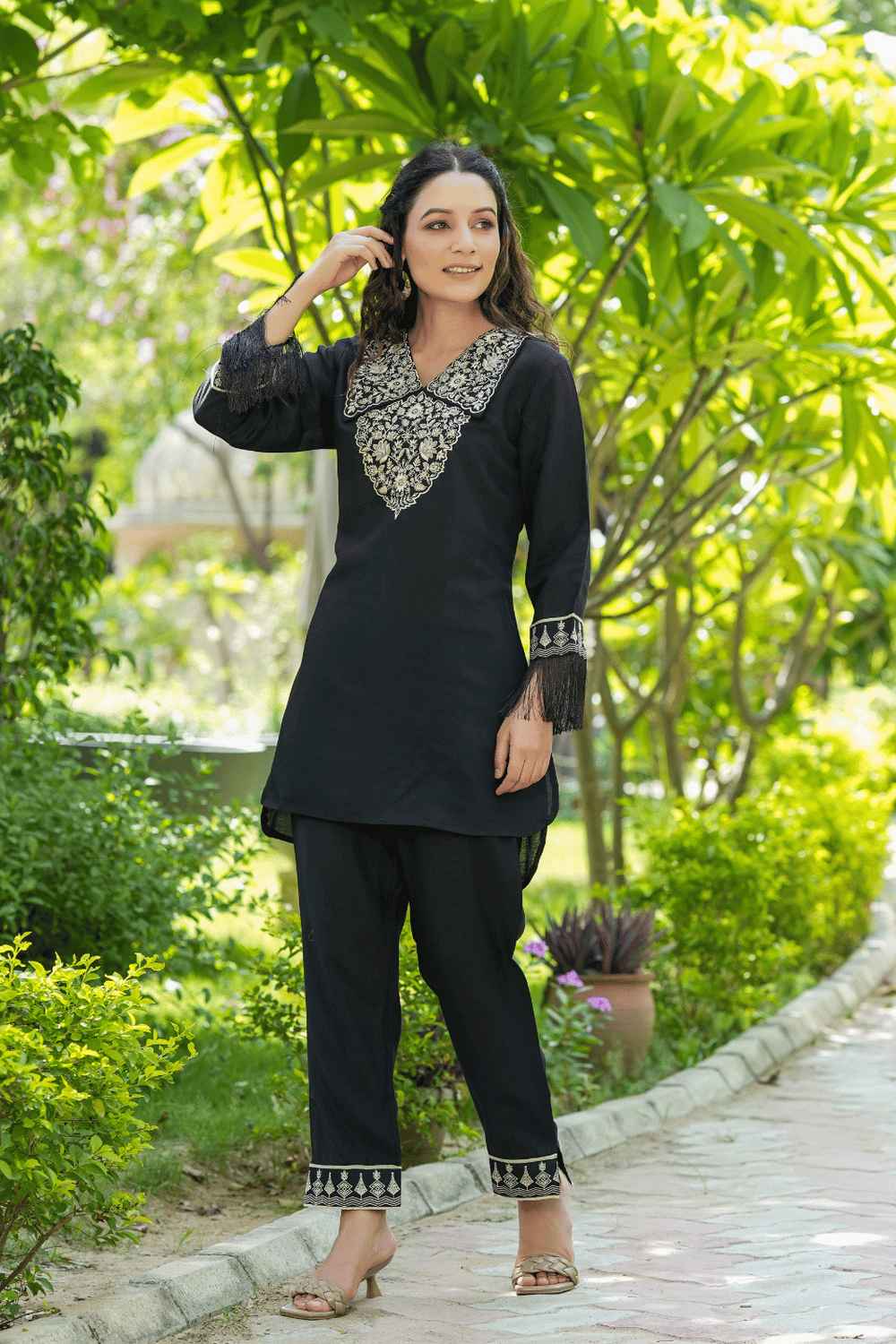 Black Embroidered Silk Co-Ord Sets