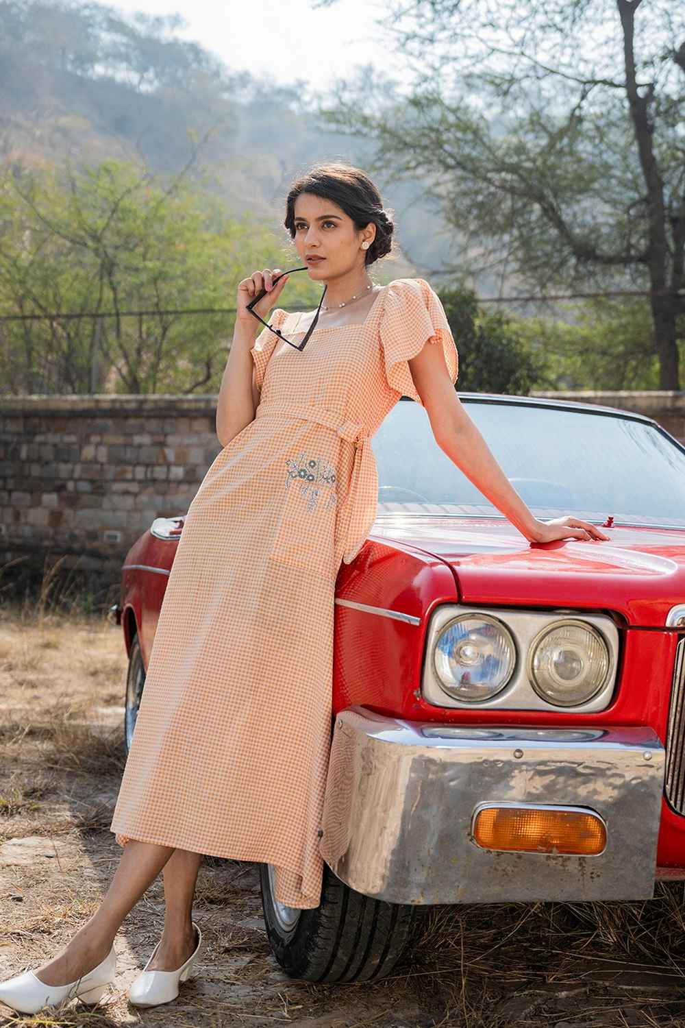 Orange Checkerd Print Pure Cotton Dress