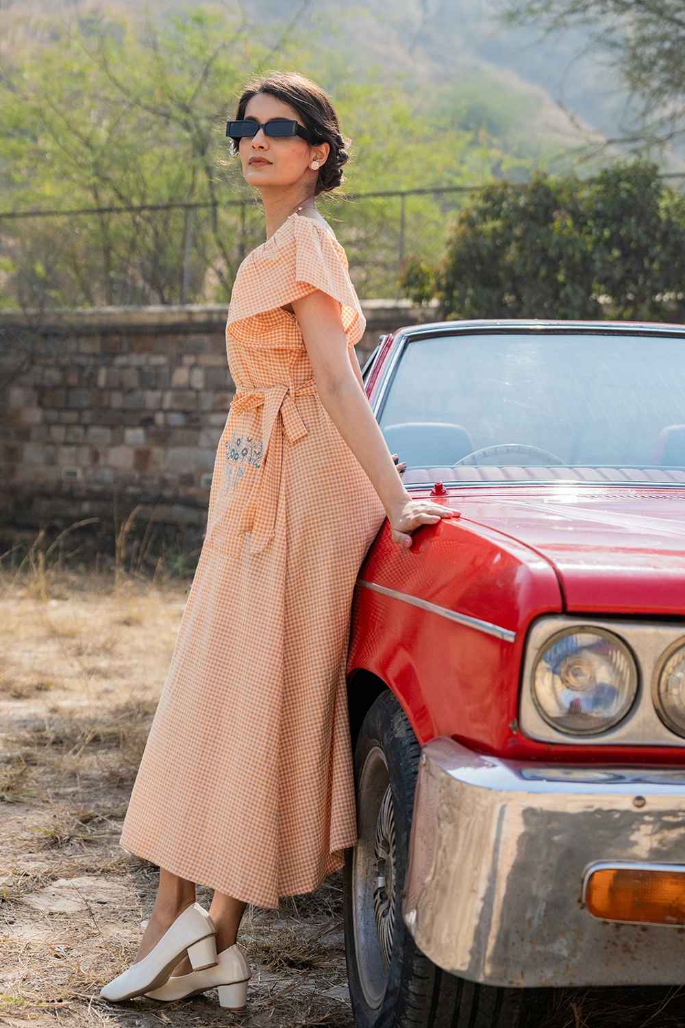 Orange Checkerd Print Pure Cotton Dress