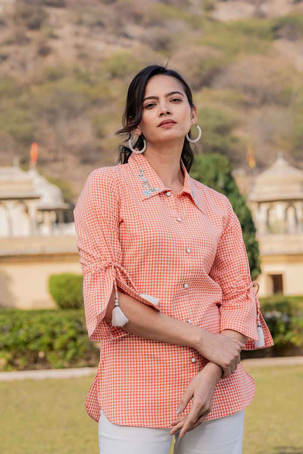 Orange Checkered Print Pure Cotton Top