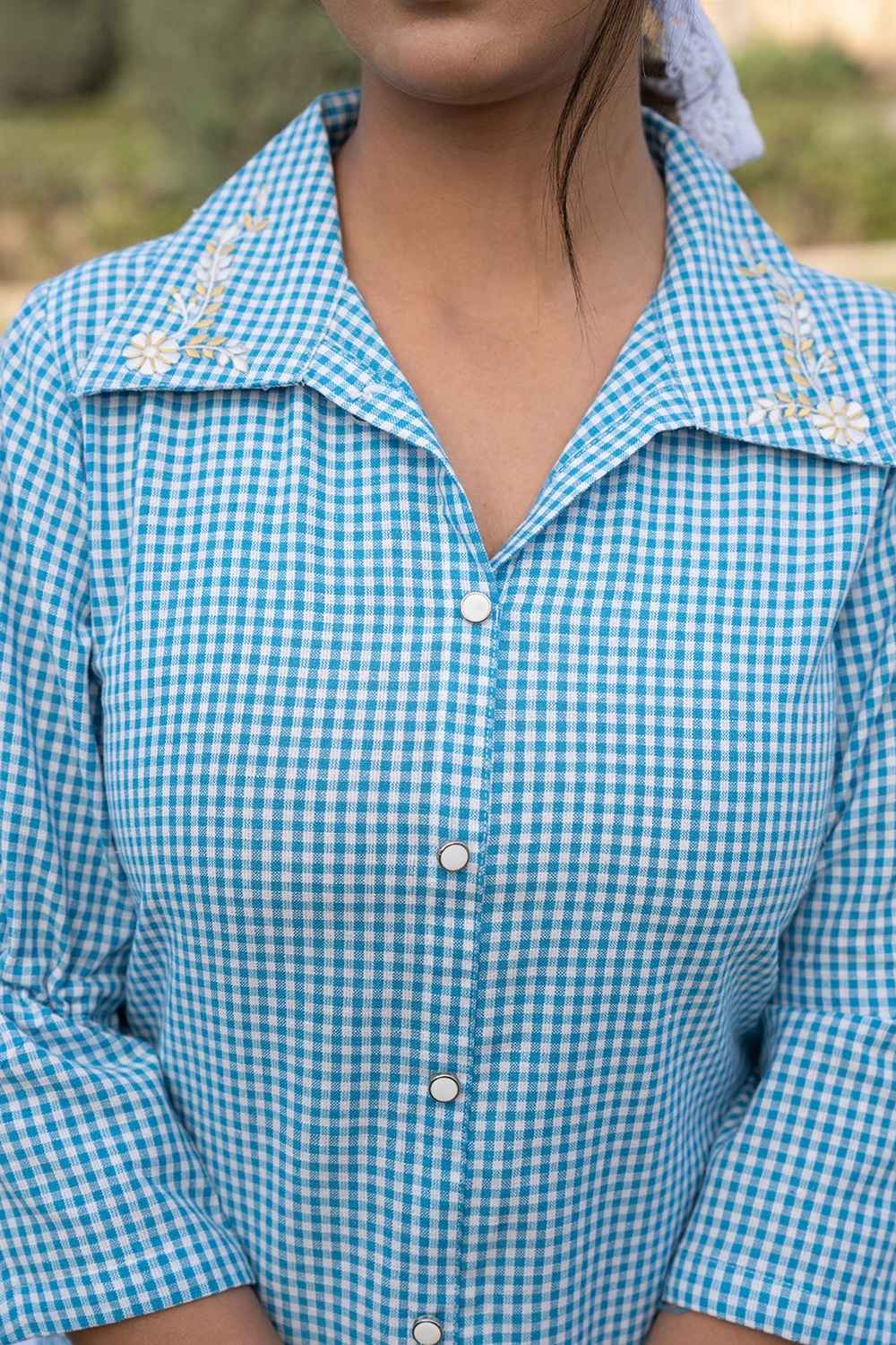 Blue Checkered Print Pure Cotton Top