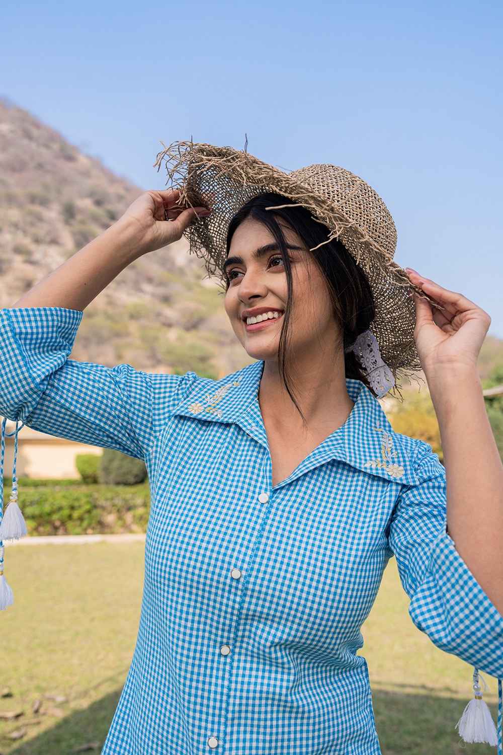 Blue Checkered Print Pure Cotton Top