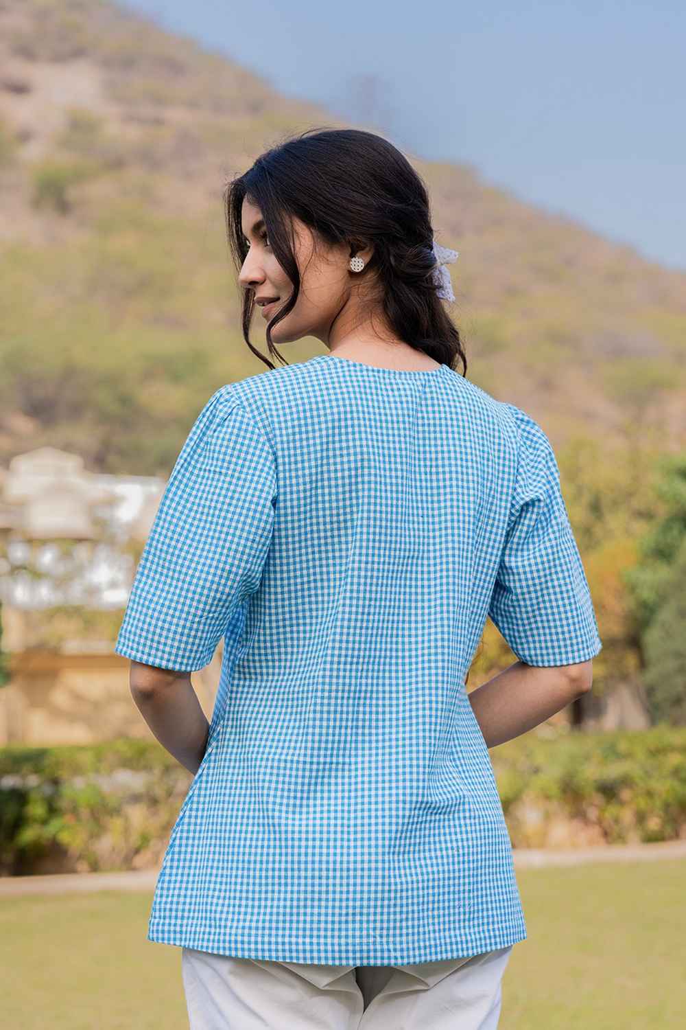 Blue Checkered Print Pure Cotton Top