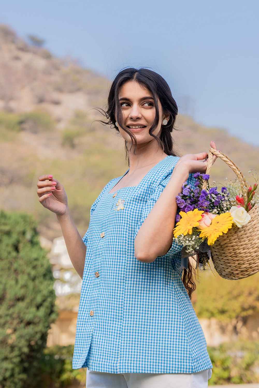 Blue Checkered Print Pure Cotton Top