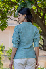 Turquoise Checkered Print Pure Cotton Top