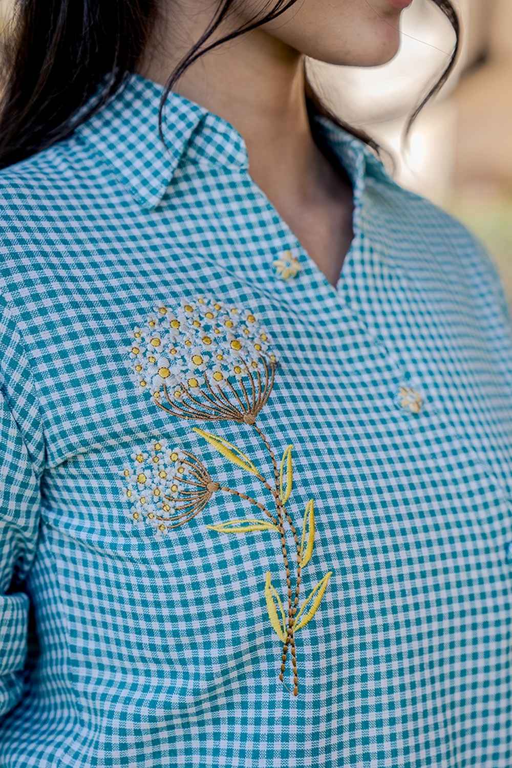 Turquoise Checkered Print Pure Cotton Top